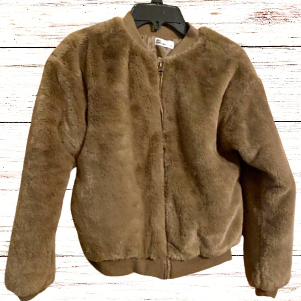 Girls Bomber Jacket Faux Fur Teddy Bear Taupe Size Medium